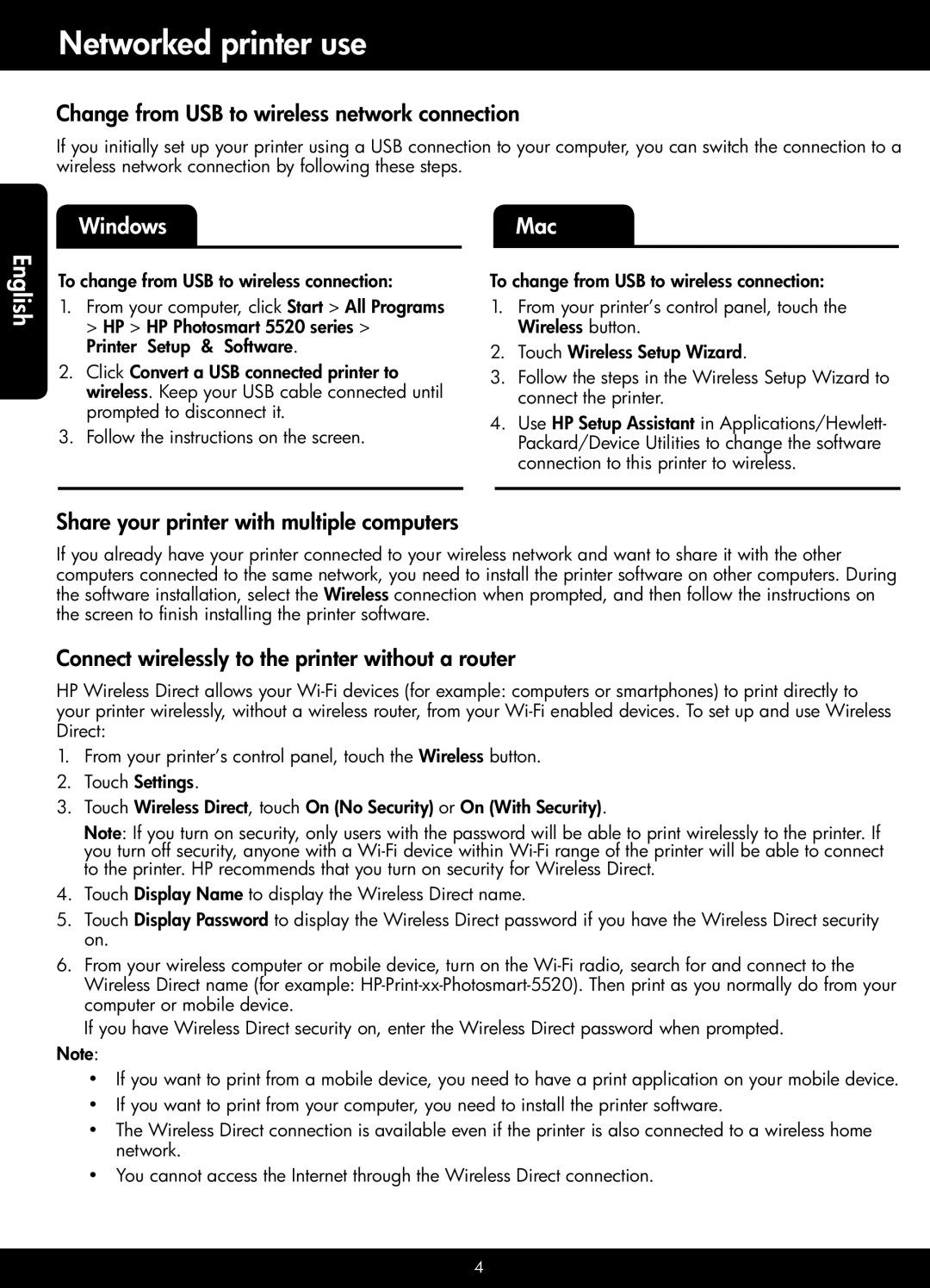 HP 5525 Networked printer use, Change from USB to wireless network connection, Share your printer with multiple computers 