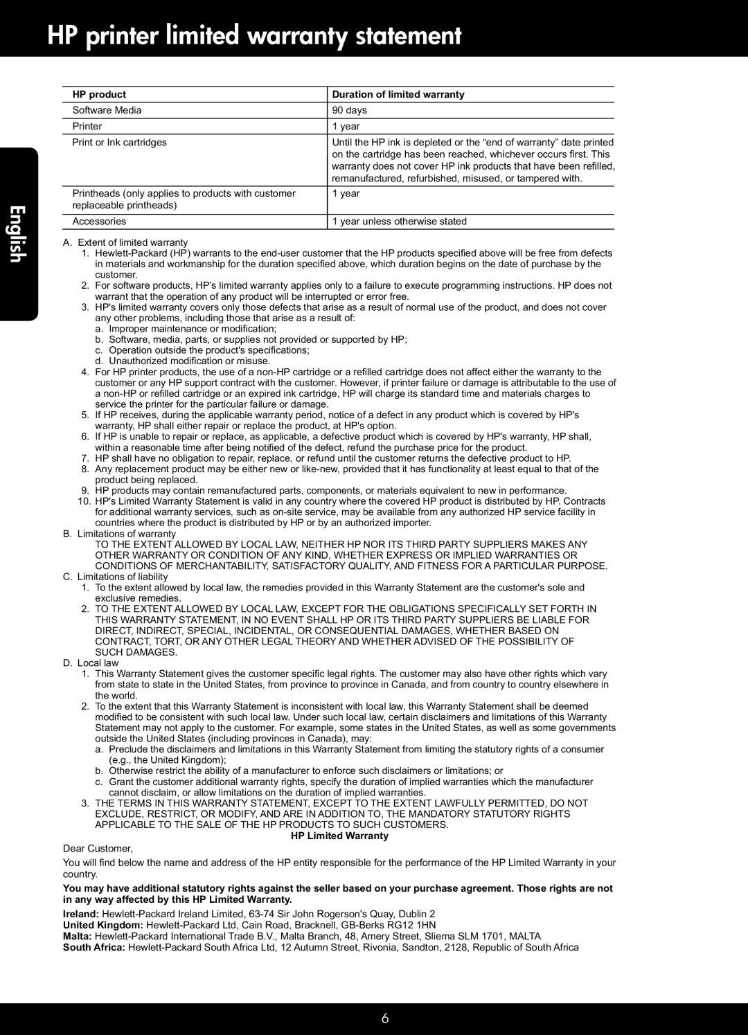 HP 5522, 5525, 5520 manual HP printer limited warranty statement, HP product Duration of limited warranty 