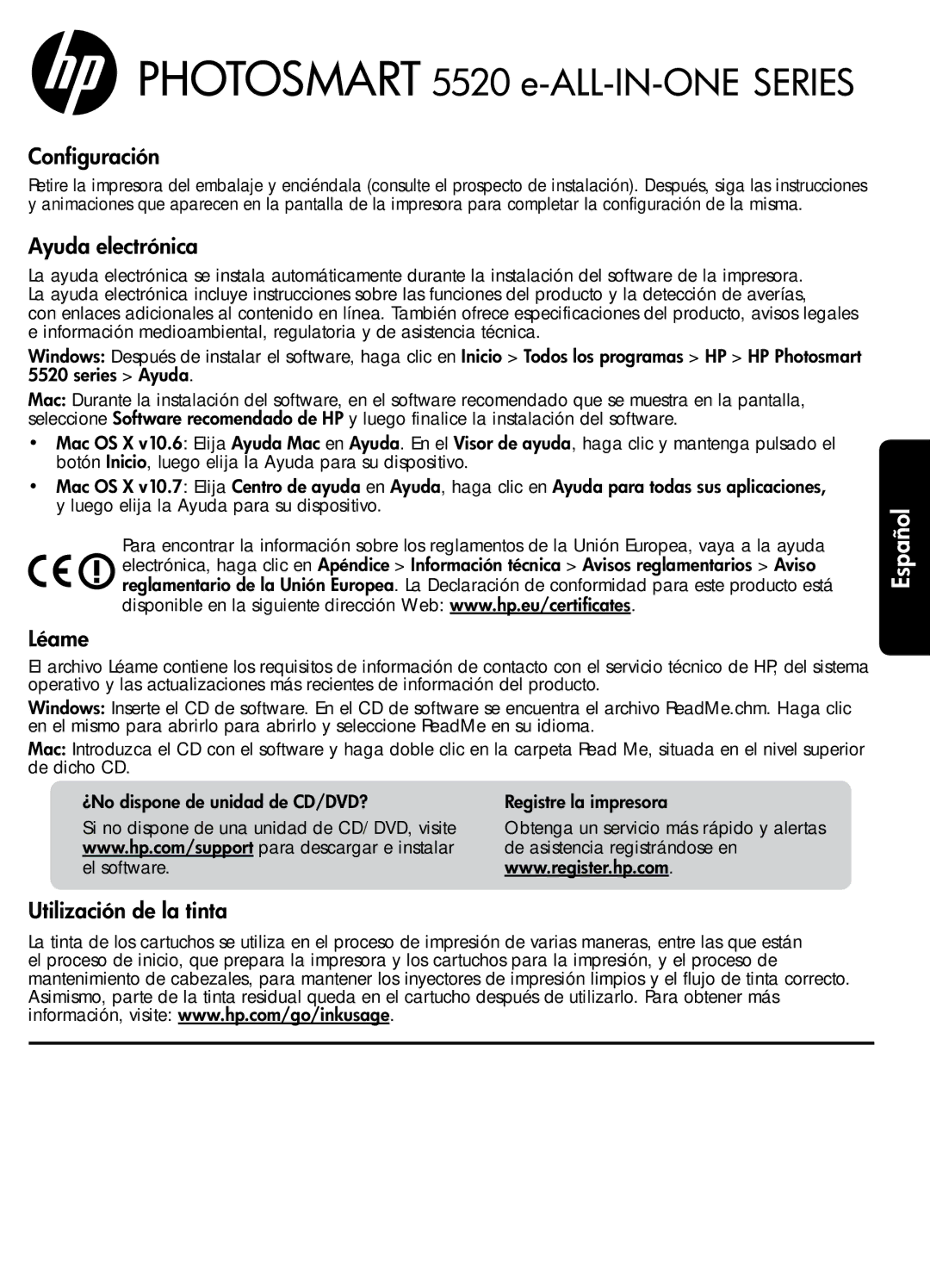 HP 5525, 5522, 5520 manual Configuración, Ayuda electrónica, Léame, Utilización de la tinta 