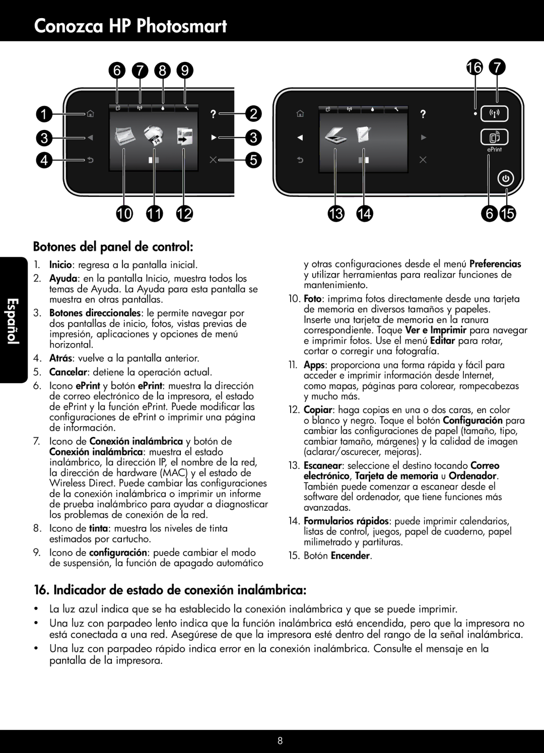 HP 5520, 5522, 5525 manual Conozca HP Photosmart, Botones del panel de control, Indicador de estado de conexión inalámbrica 