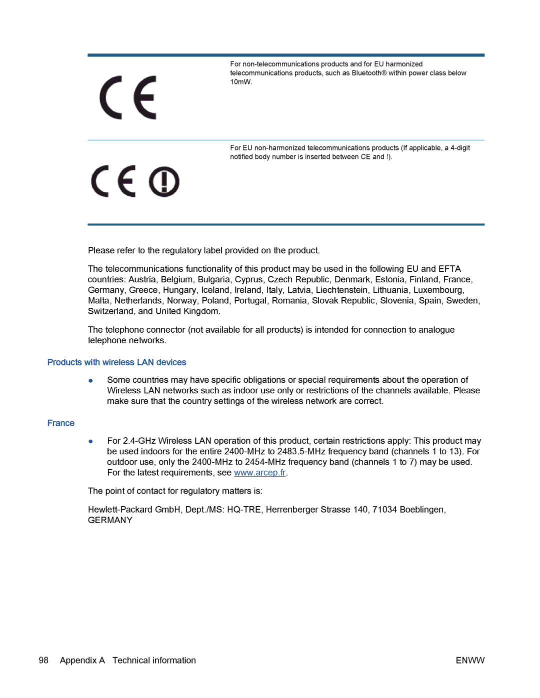 HP 5530 manual Products with wireless LAN devices, France 