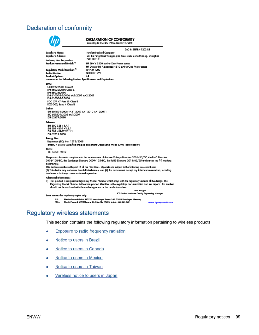 HP 5530 manual Declaration of conformity Regulatory wireless statements 