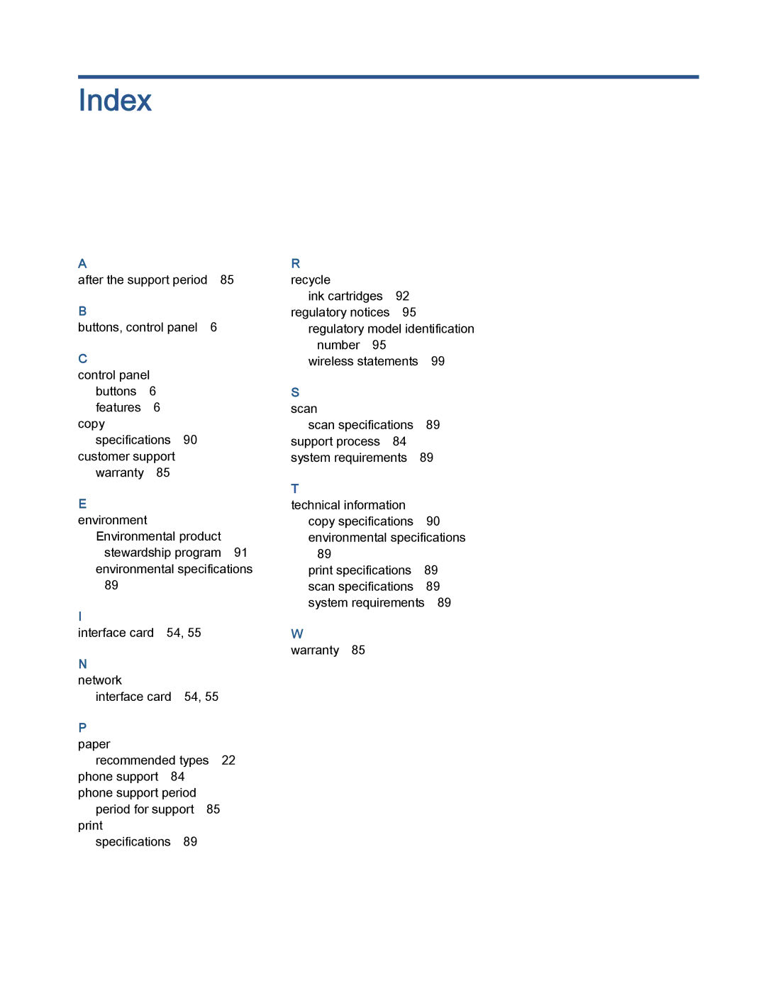 HP 5530 manual Index 