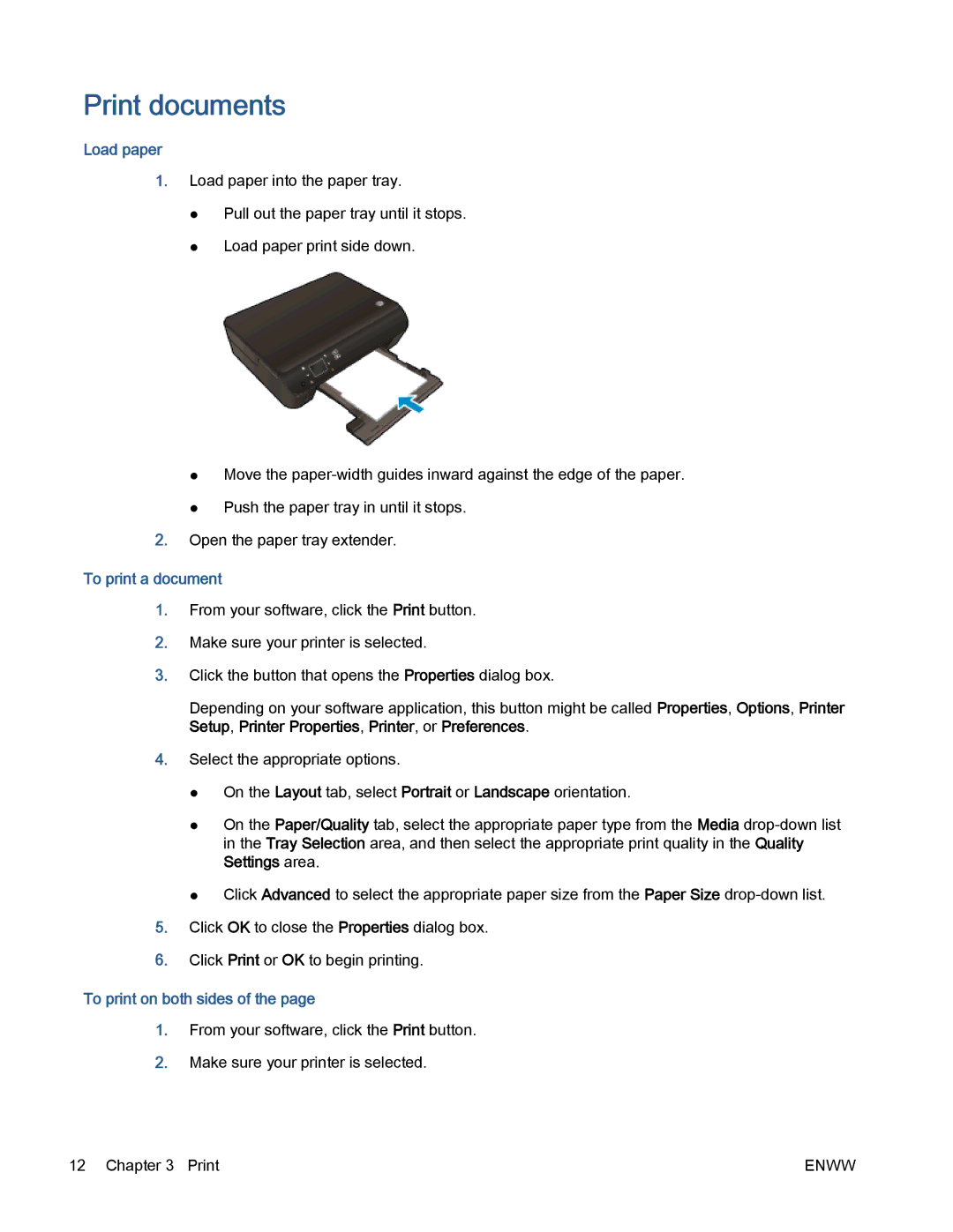 HP 5530 manual Print documents, Load paper, To print a document, To print on both sides 