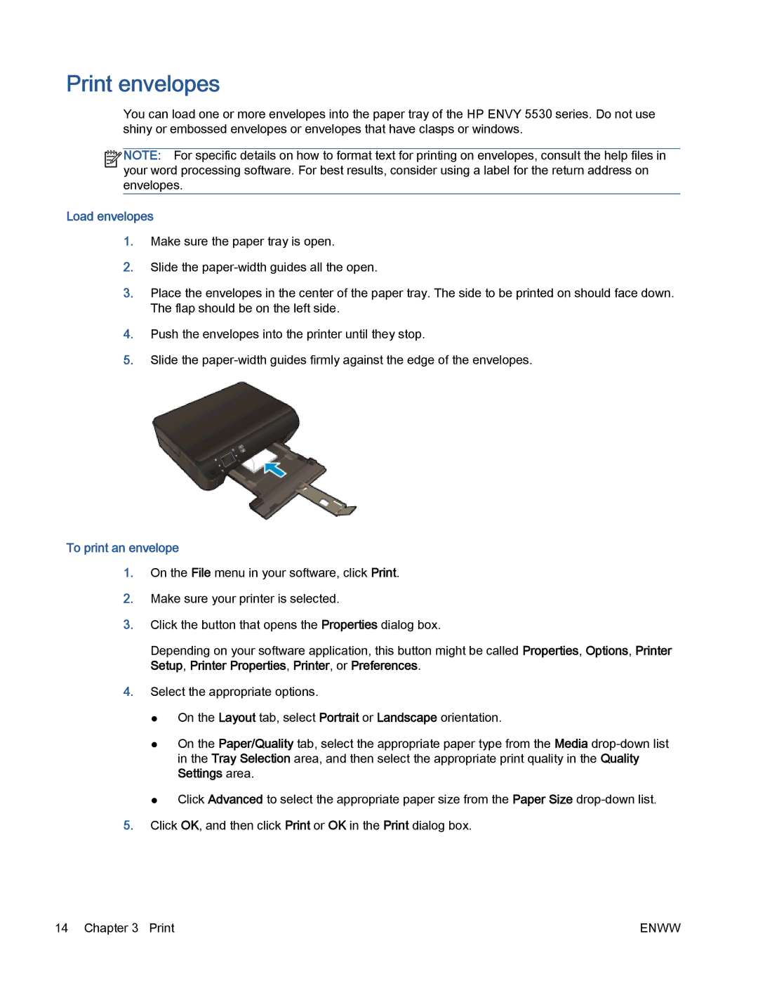 HP 5530 manual Print envelopes, Load envelopes, To print an envelope 