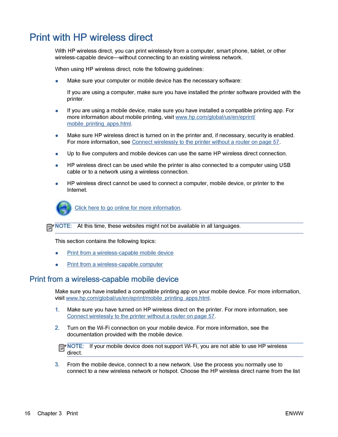 HP 5530 manual Print with HP wireless direct, Print from a wireless-capable mobile device 