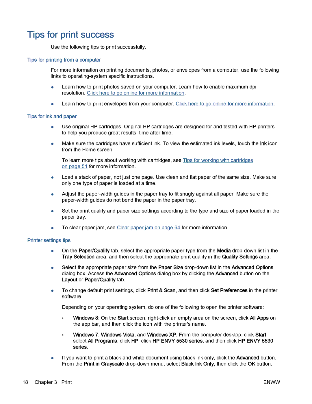 HP 5530 manual Tips for print success, Tips for printing from a computer, Tips for ink and paper, Printer settings tips 