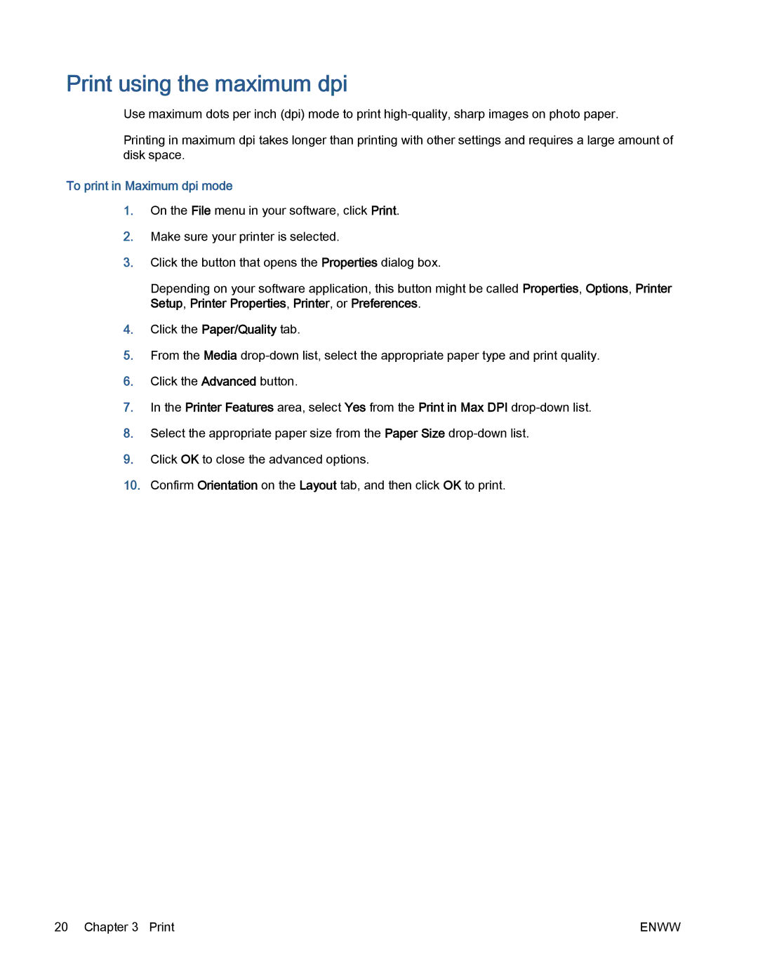 HP 5530 manual Print using the maximum dpi, To print in Maximum dpi mode 