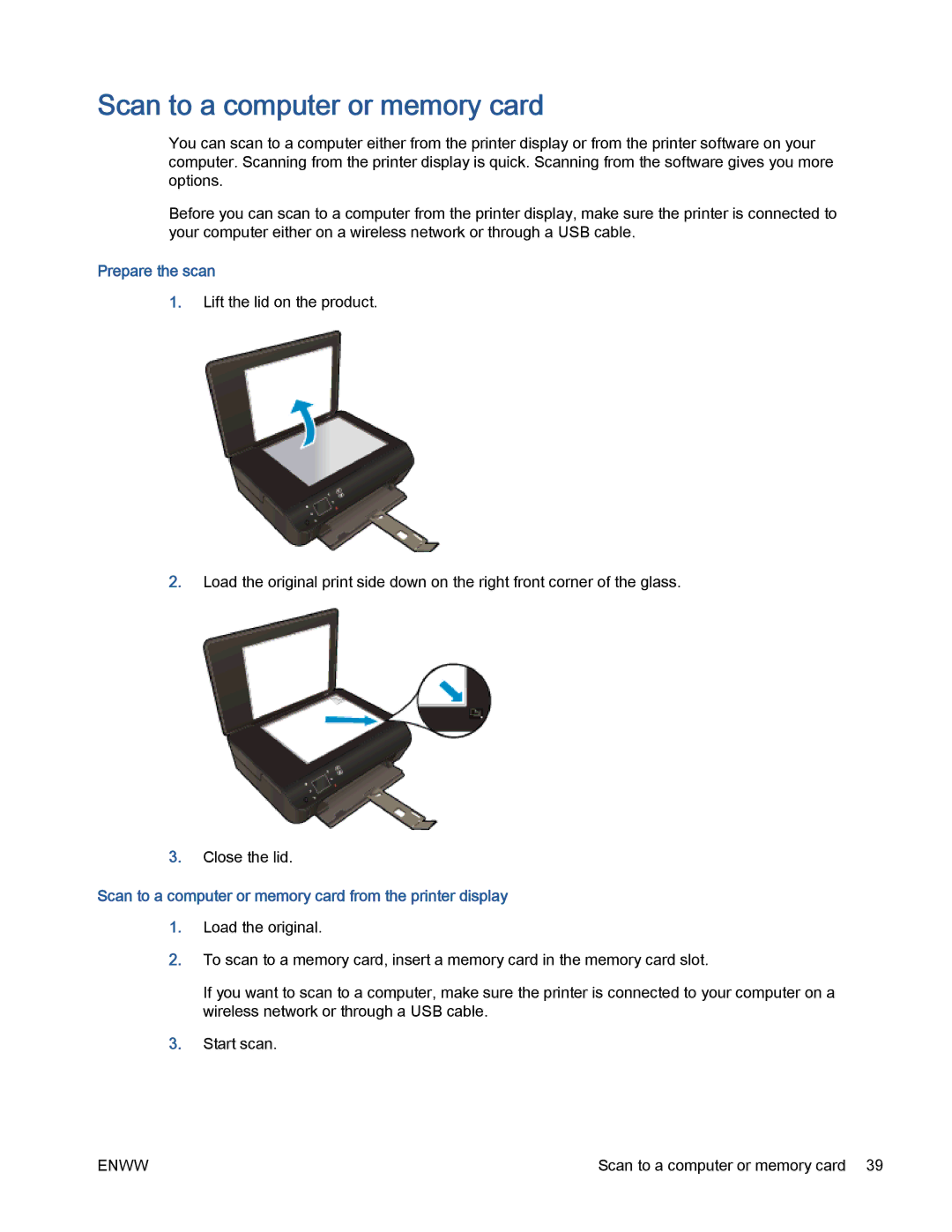 HP 5530 manual Prepare the scan, Scan to a computer or memory card from the printer display 