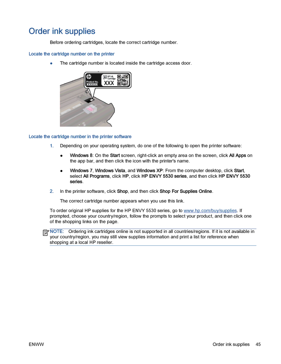 HP 5530 manual Order ink supplies, Locate the cartridge number on the printer 