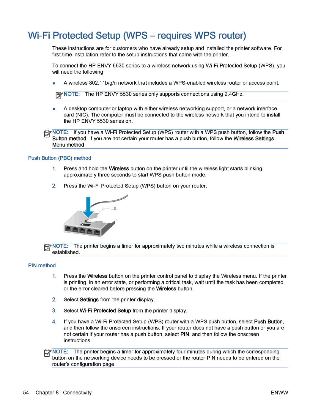 HP 5530 manual Wi-Fi Protected Setup WPS requires WPS router, Push Button PBC method, PIN method 