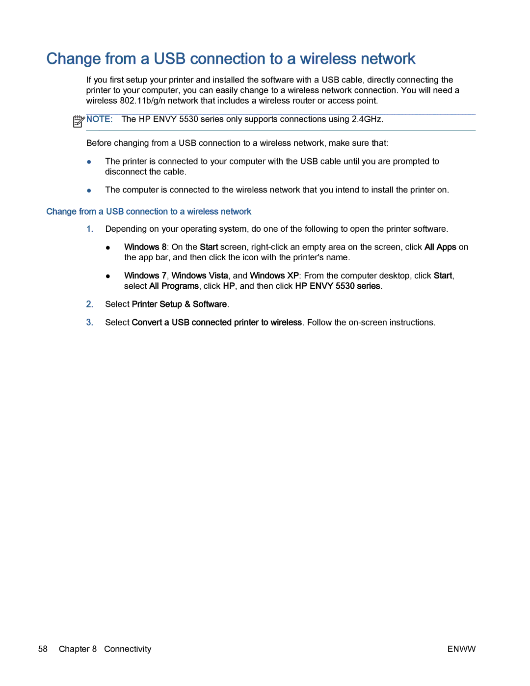 HP 5530 manual Change from a USB connection to a wireless network 