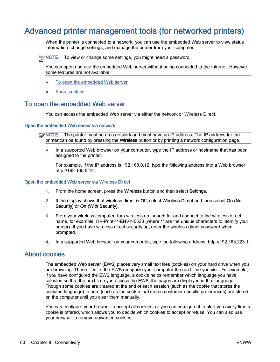 HP 5530 manual Advanced printer management tools for networked printers, To open the embedded Web server, About cookies 