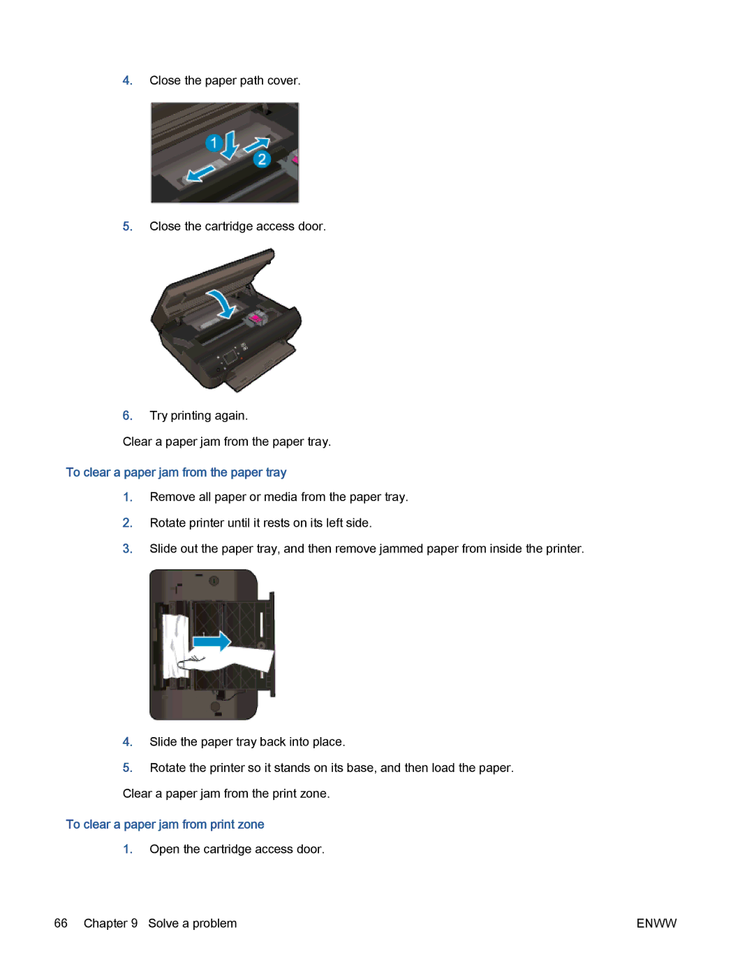 HP 5530 manual To clear a paper jam from the paper tray, To clear a paper jam from print zone 