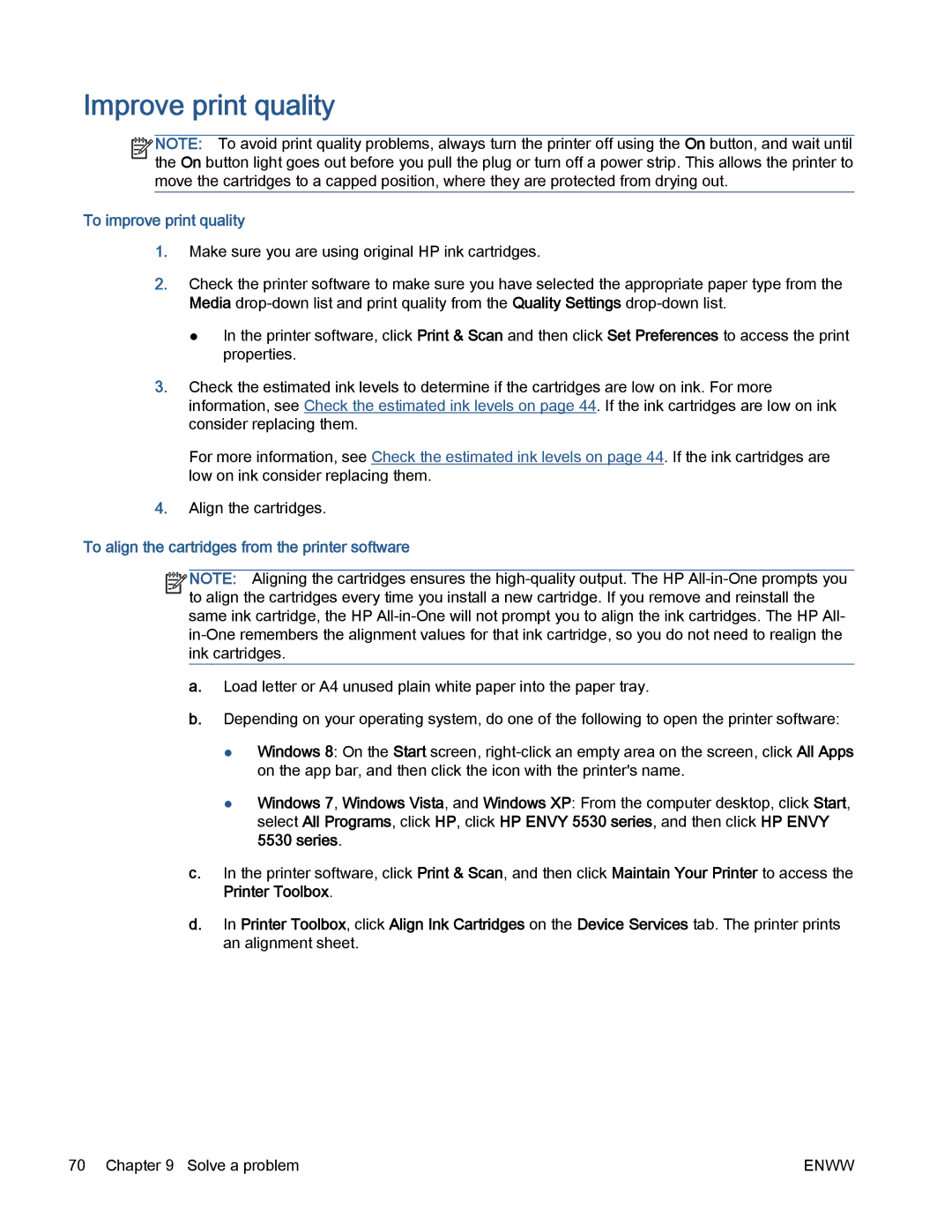 HP 5530 manual Improve print quality, To improve print quality, To align the cartridges from the printer software 