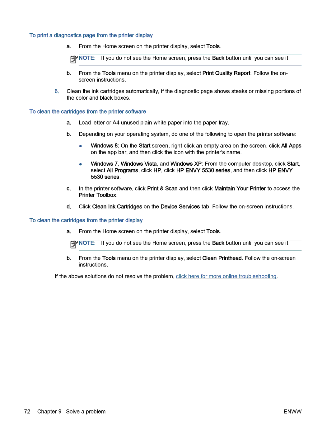 HP 5530 manual To print a diagnostics page from the printer display, To clean the cartridges from the printer software 