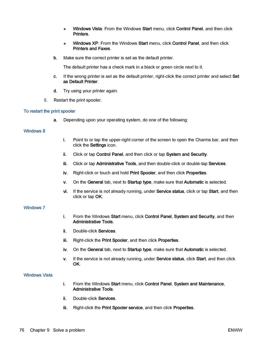 HP 5530 manual To restart the print spooler, Windows Vista 