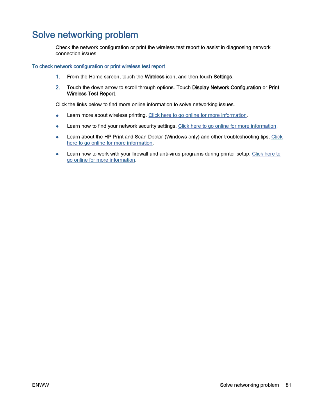 HP 5530 manual Solve networking problem, To check network configuration or print wireless test report 