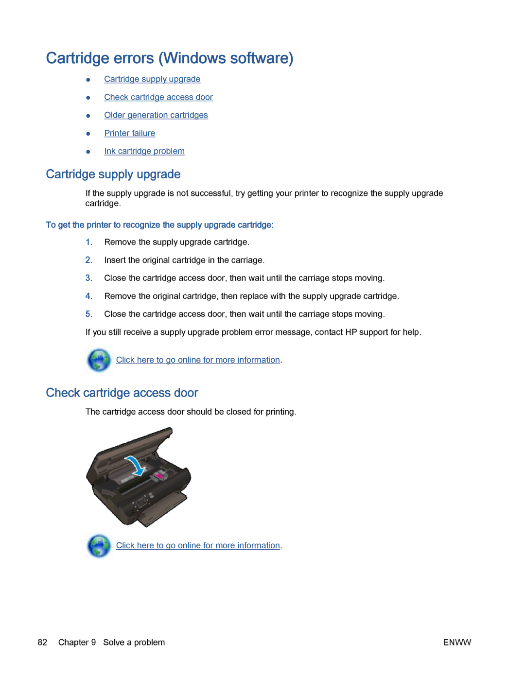 HP 5530 manual Cartridge errors Windows software, Cartridge supply upgrade, Check cartridge access door 