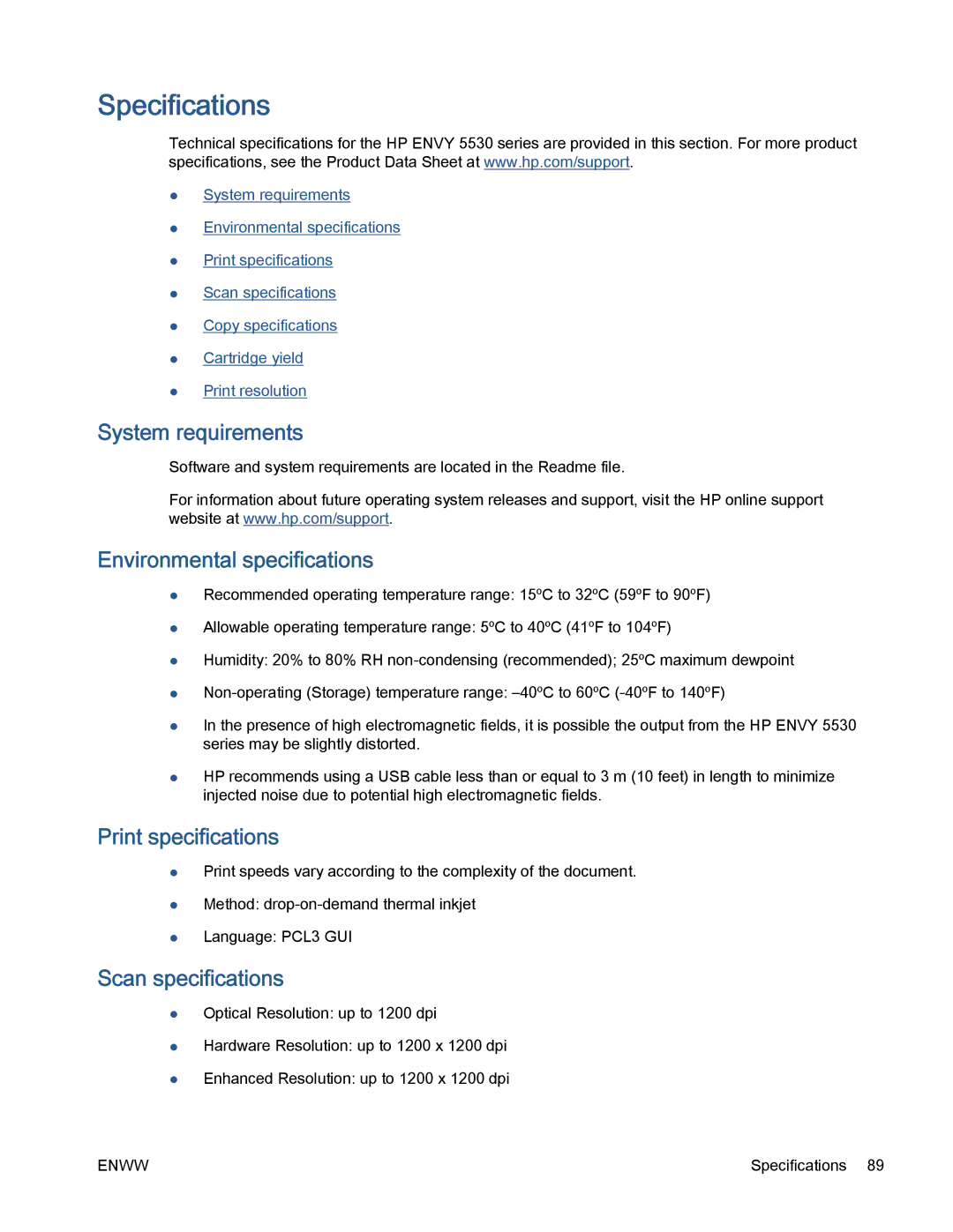 HP 5530 manual Specifications, System requirements, Environmental specifications, Print specifications, Scan specifications 