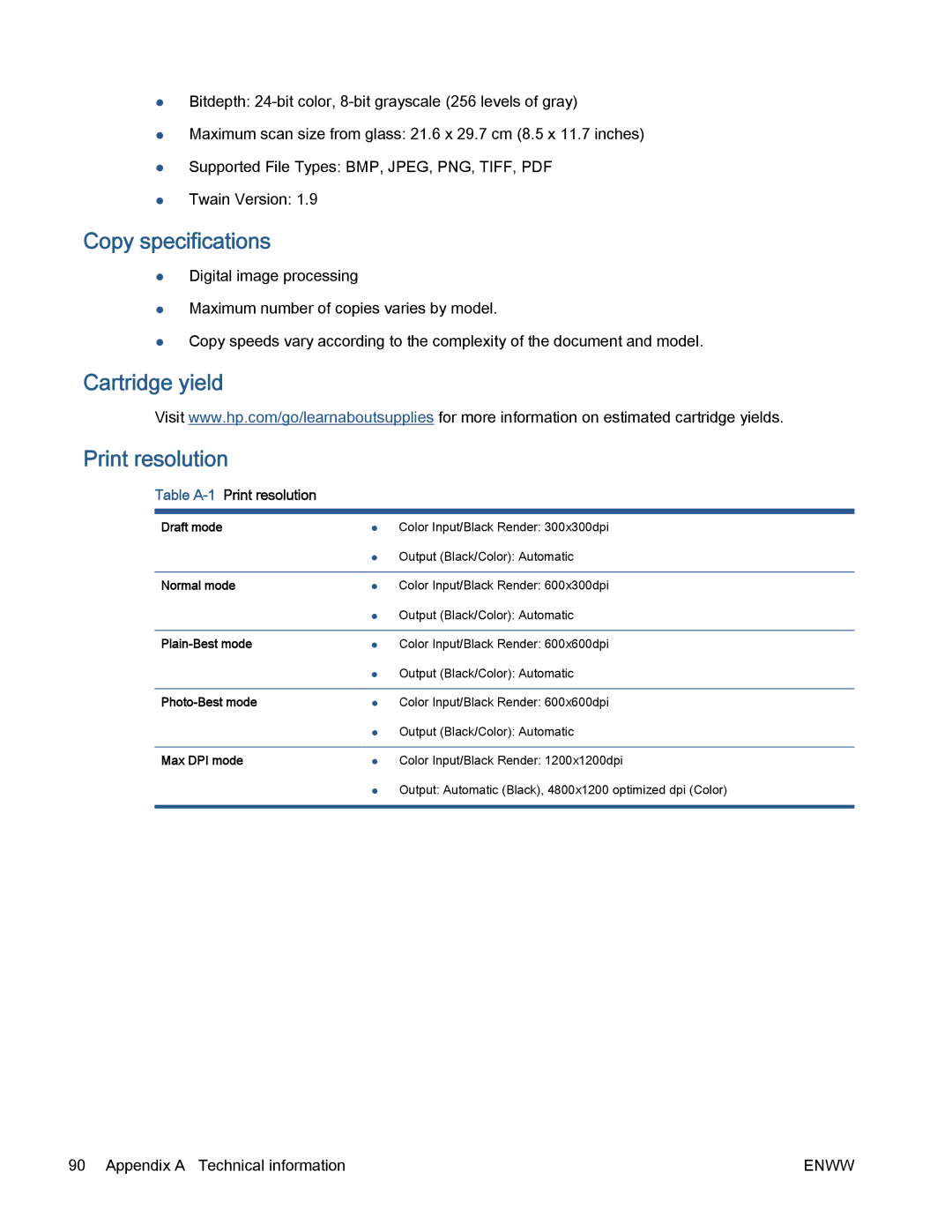 HP 5530 manual Copy specifications, Cartridge yield Print resolution 