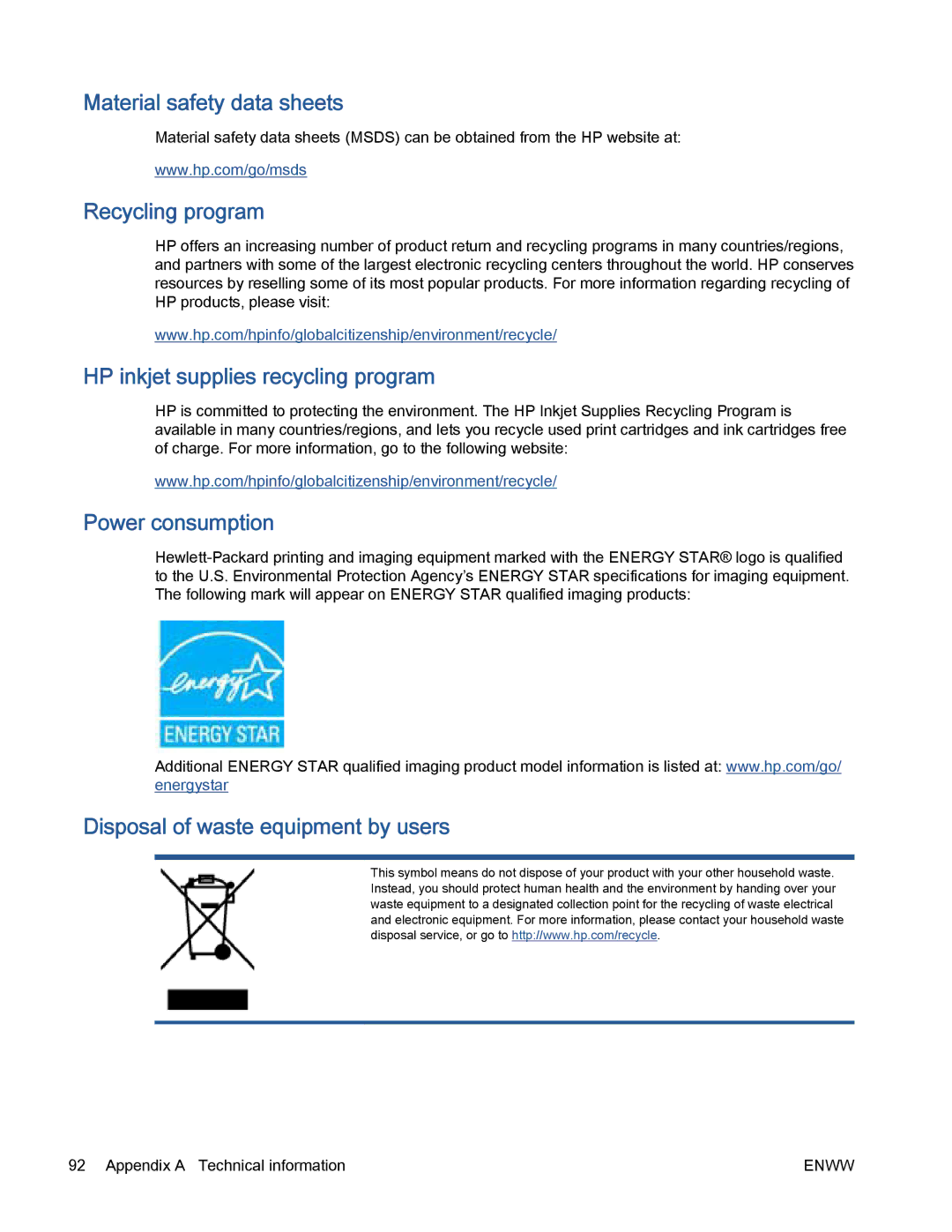 HP 5530 manual Material safety data sheets, Recycling program, HP inkjet supplies recycling program, Power consumption 