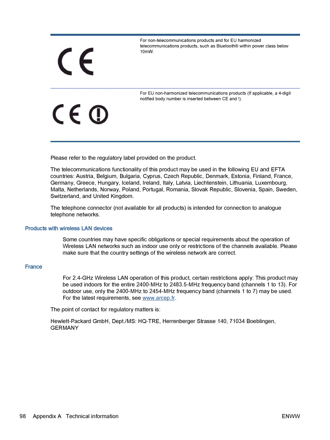 HP 5531, 5532, 5535 manual Products with wireless LAN devices, France 