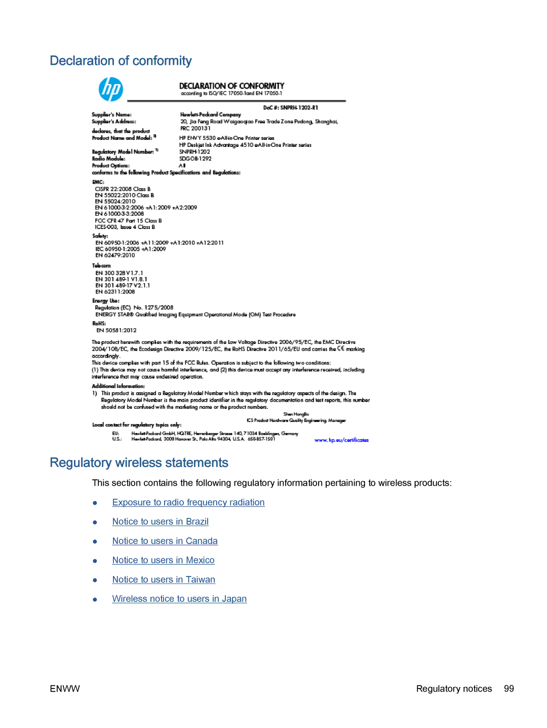 HP 5532, 5531, 5535 manual Declaration of conformity Regulatory wireless statements 