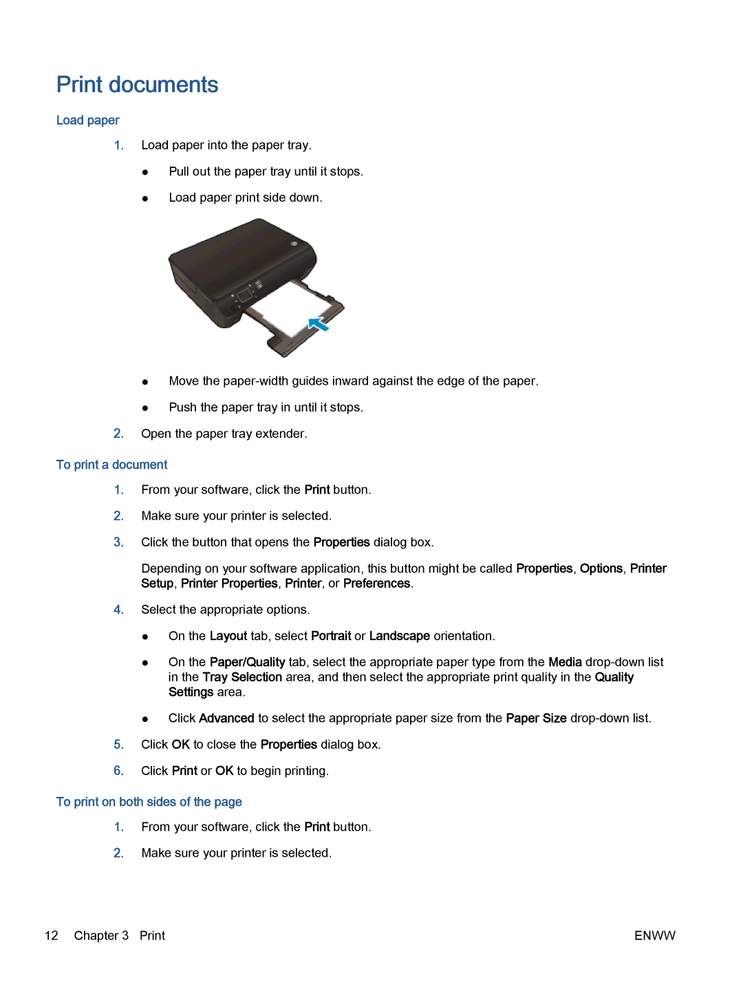 HP 5532, 5531, 5535 manual Print documents, Load paper, To print a document, To print on both sides 