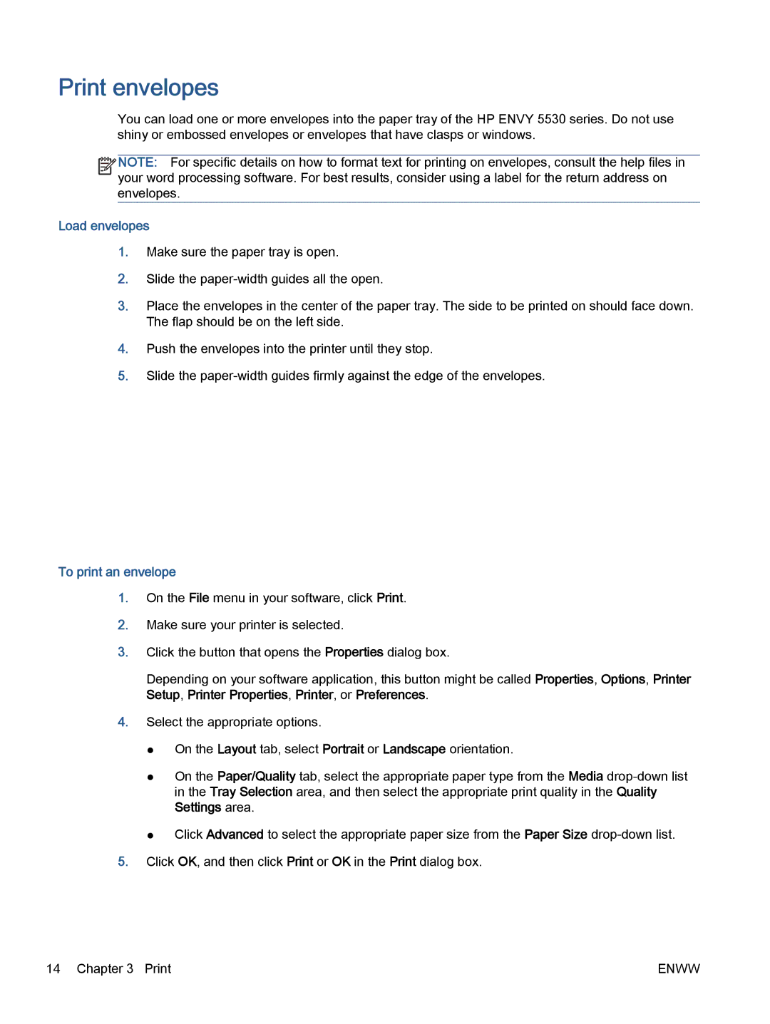 HP 5531, 5532, 5535 manual Print envelopes, Load envelopes, To print an envelope 