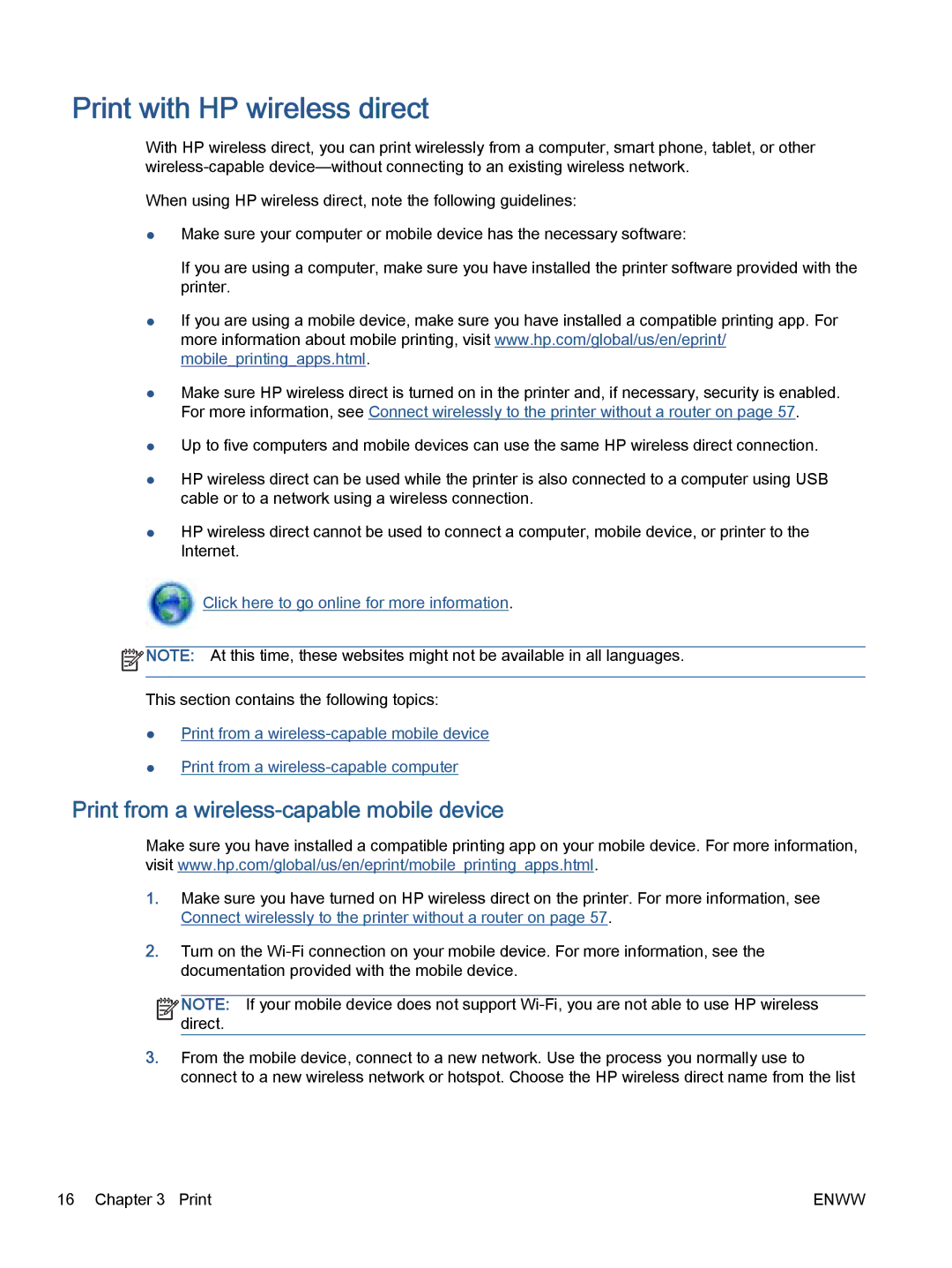 HP 5535, 5531, 5532 manual Print with HP wireless direct, Print from a wireless-capable mobile device 