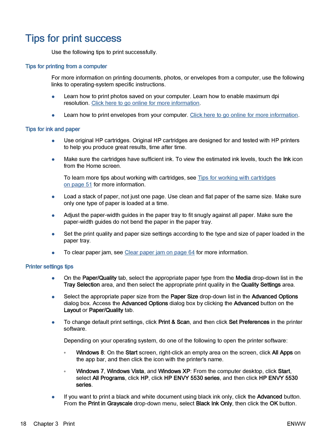 HP 5532, 5531 Tips for print success, Tips for printing from a computer, Tips for ink and paper, Printer settings tips 