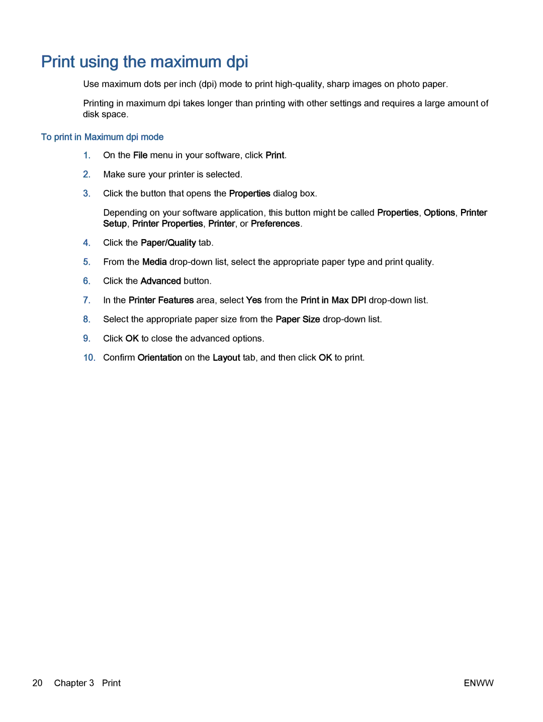 HP 5531, 5532, 5535 manual Print using the maximum dpi, To print in Maximum dpi mode 