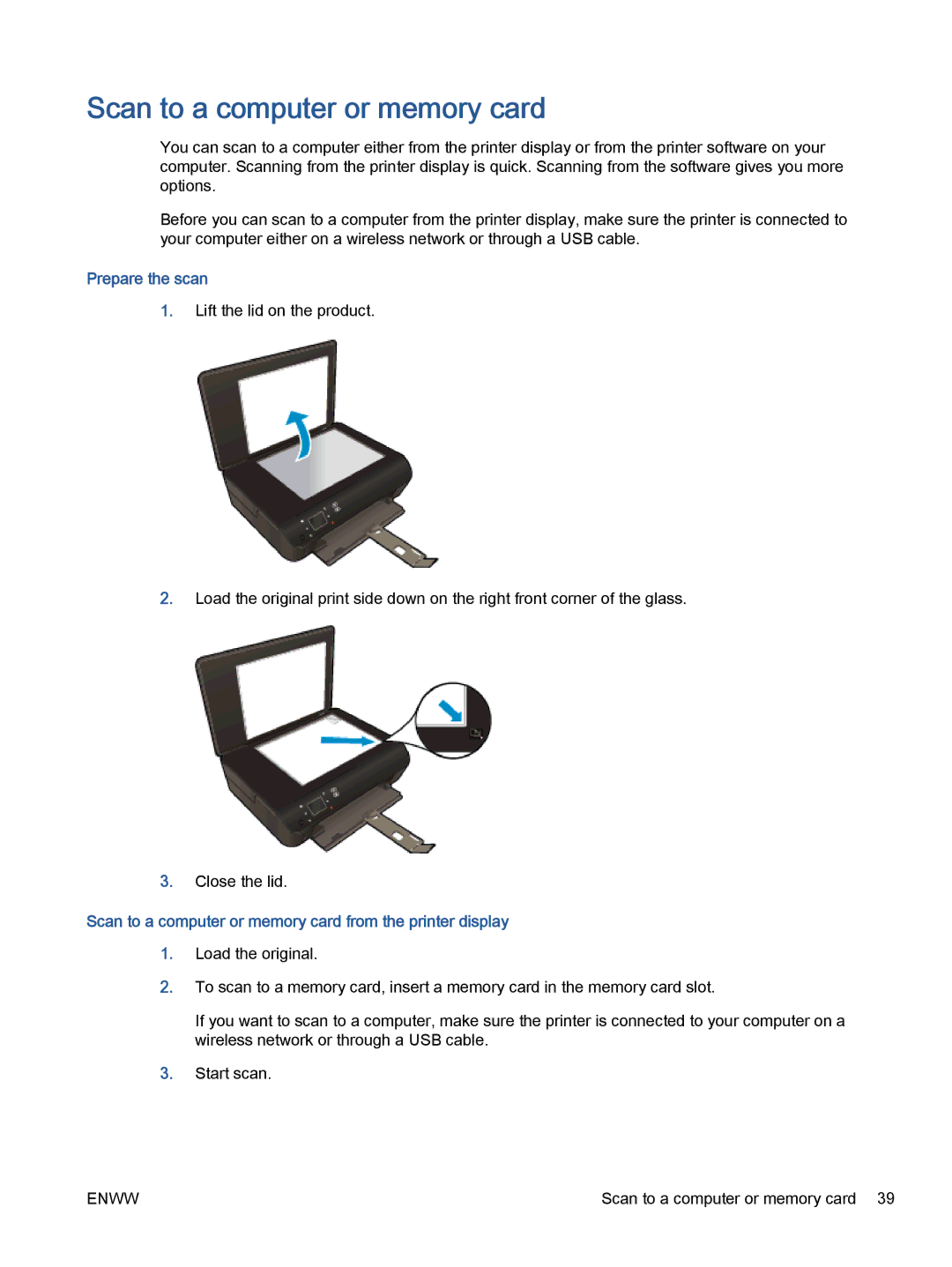 HP 5532, 5531, 5535 manual Prepare the scan, Scan to a computer or memory card from the printer display 