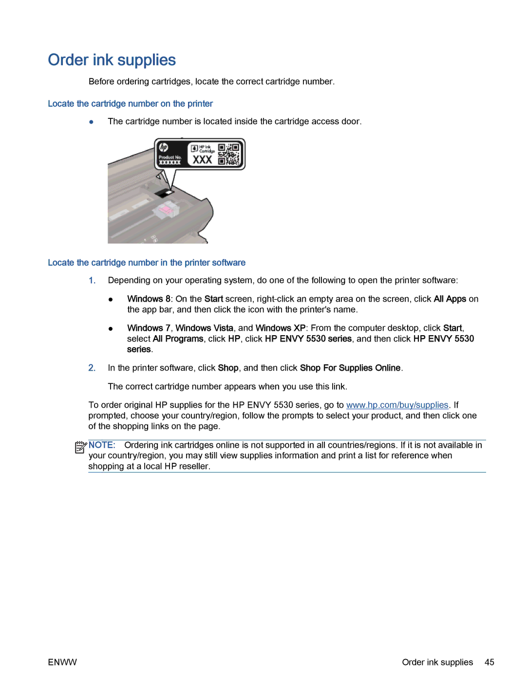 HP 5532, 5531, 5535 manual Order ink supplies, Locate the cartridge number on the printer 