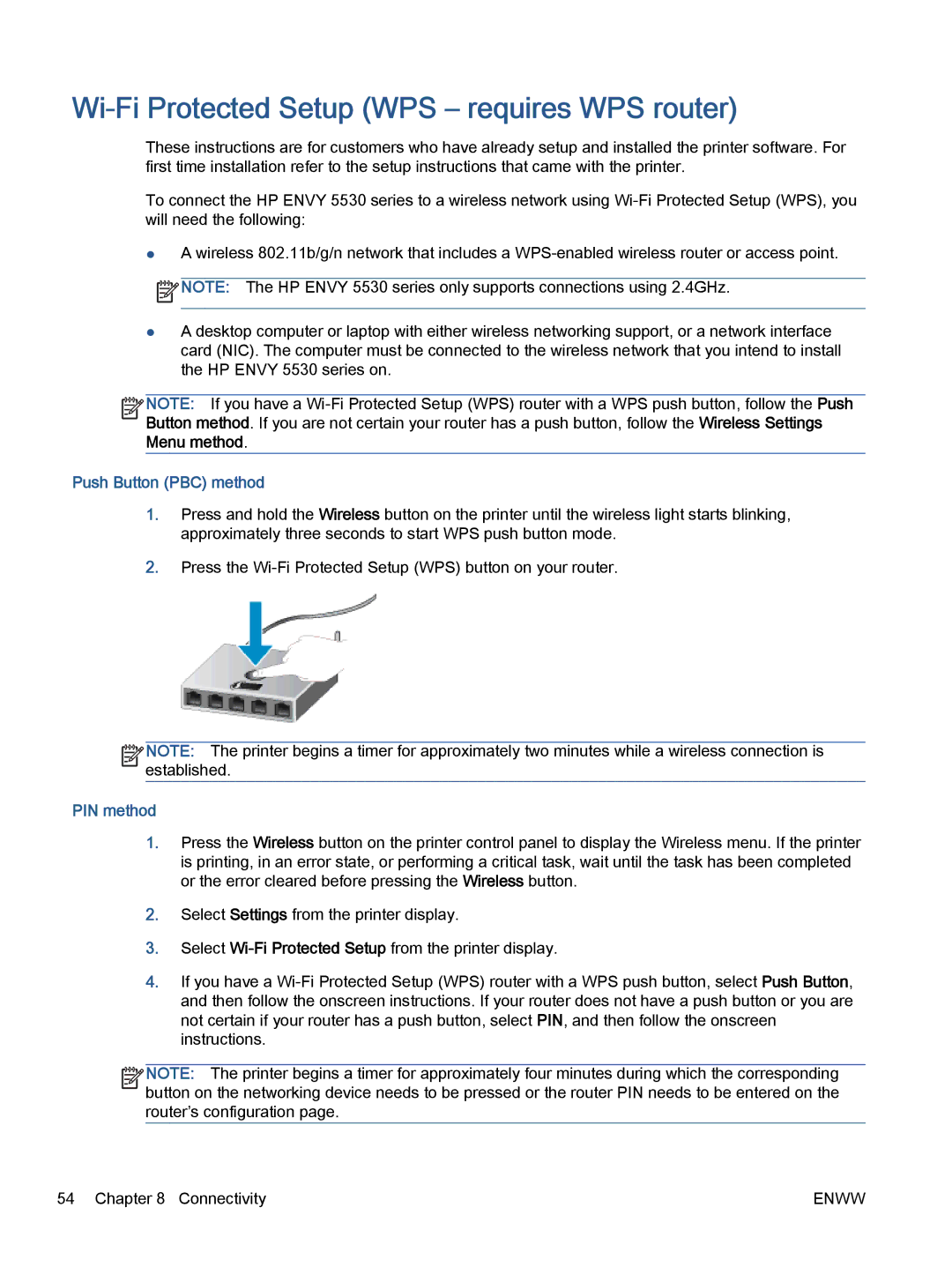 HP 5532, 5531, 5535 manual Wi-Fi Protected Setup WPS requires WPS router, Push Button PBC method, PIN method 