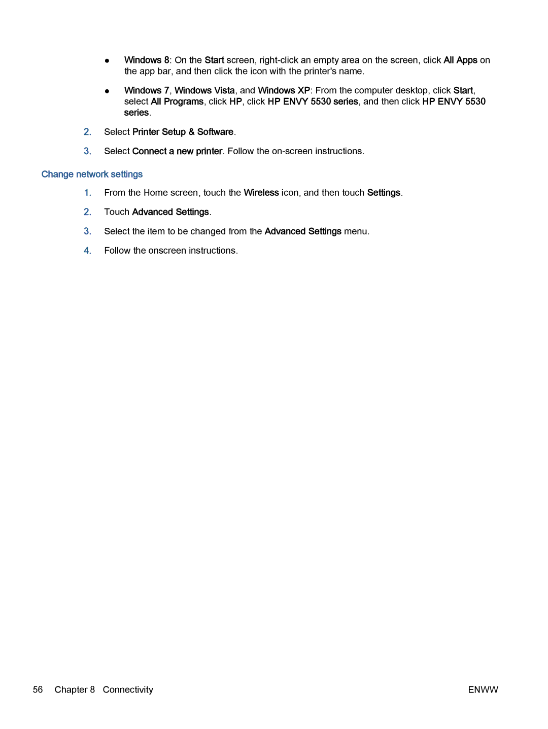 HP 5531, 5532, 5535 manual Change network settings, Touch Advanced Settings 