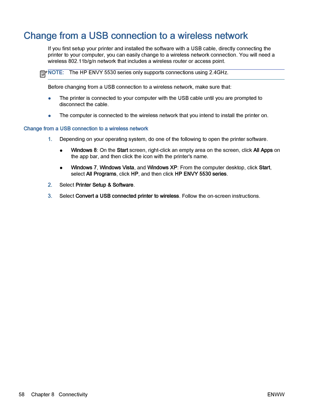 HP 5535, 5531, 5532 manual Change from a USB connection to a wireless network 