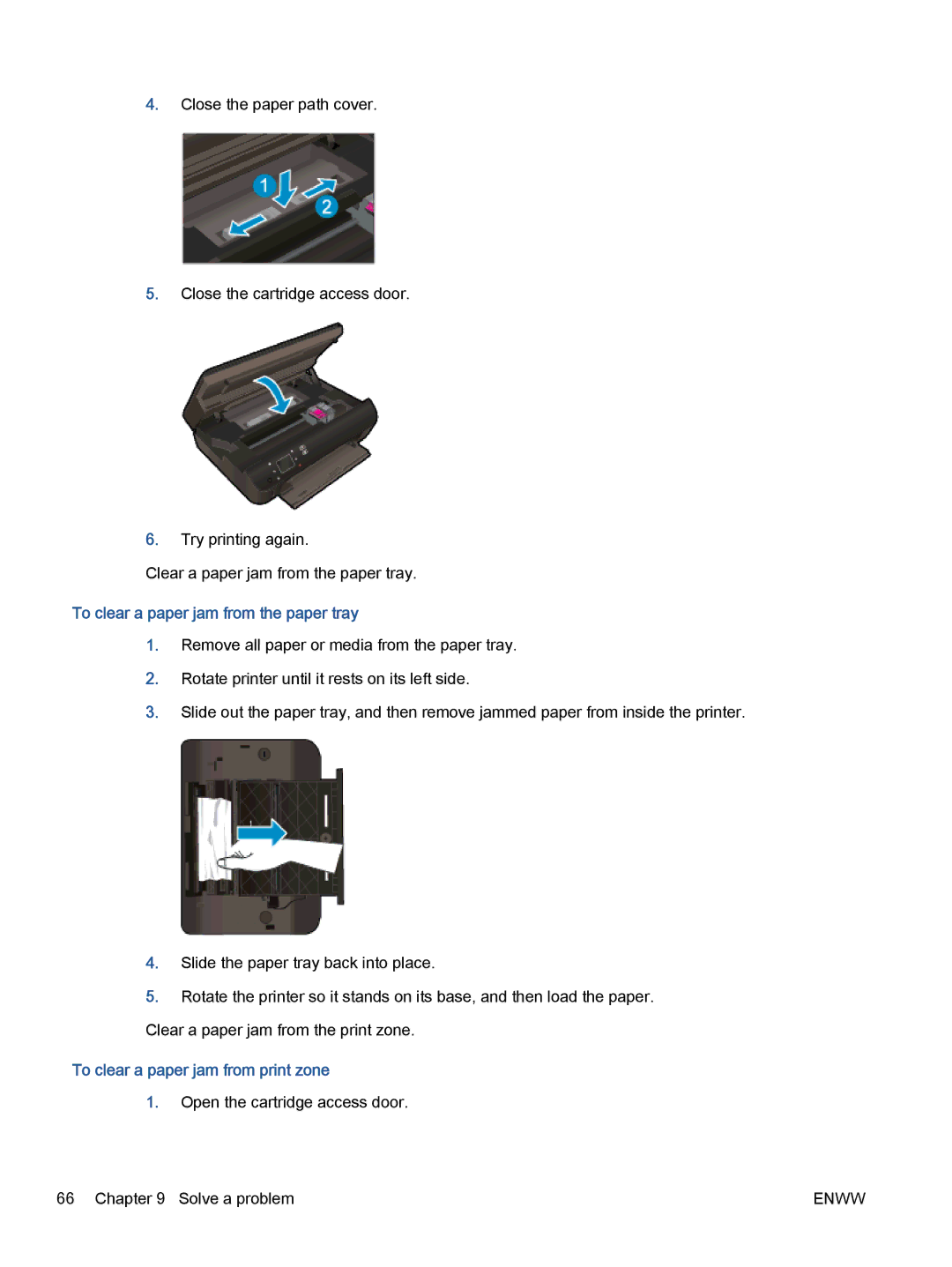 HP 5532, 5531, 5535 manual To clear a paper jam from the paper tray, To clear a paper jam from print zone 