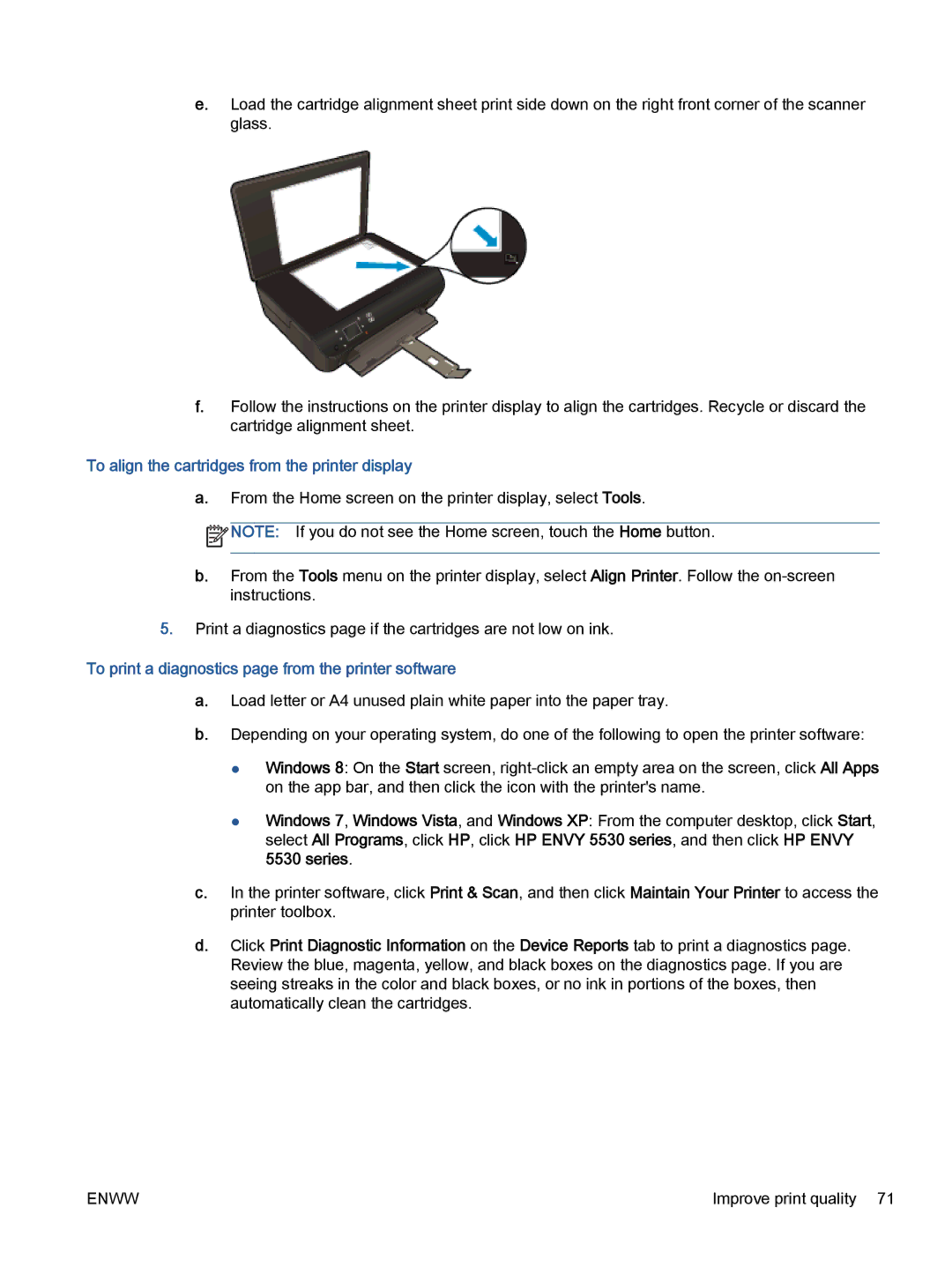 HP 5531, 5532, 5535 To align the cartridges from the printer display, To print a diagnostics page from the printer software 