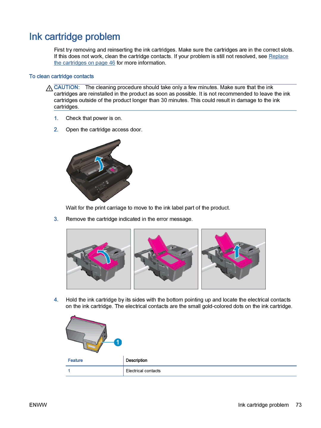 HP 5535, 5531, 5532 manual Ink cartridge problem, To clean cartridge contacts 