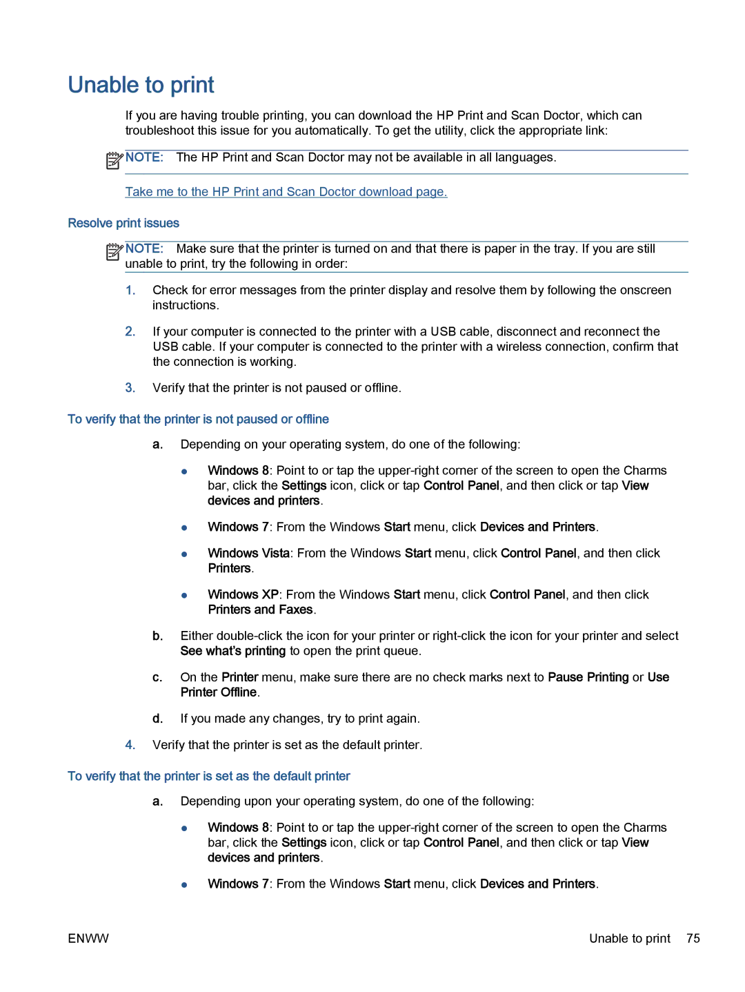 HP 5532, 5531, 5535 manual Unable to print, Resolve print issues, To verify that the printer is not paused or offline 