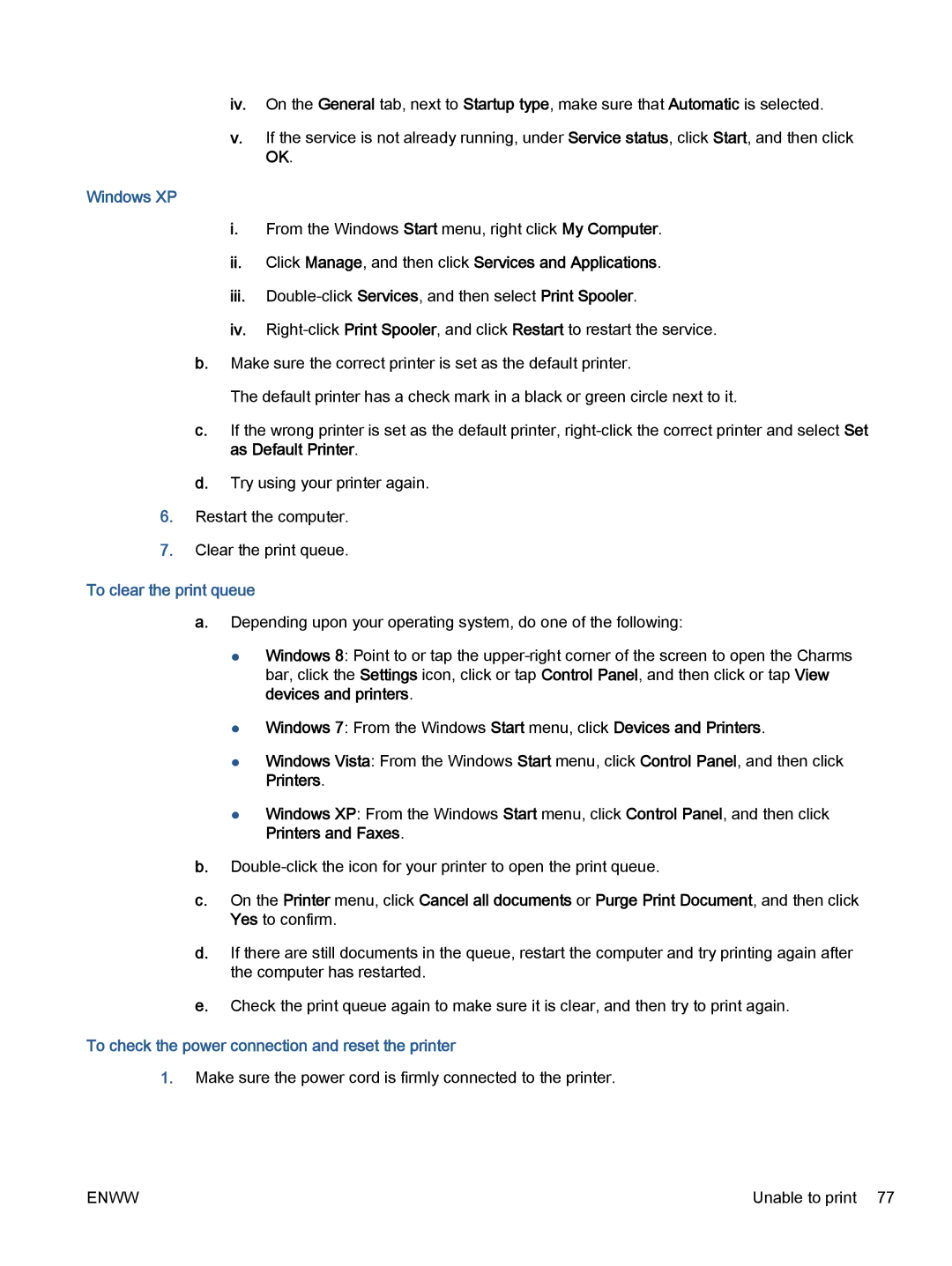 HP 5531, 5532, 5535 manual Windows XP, To clear the print queue, To check the power connection and reset the printer 