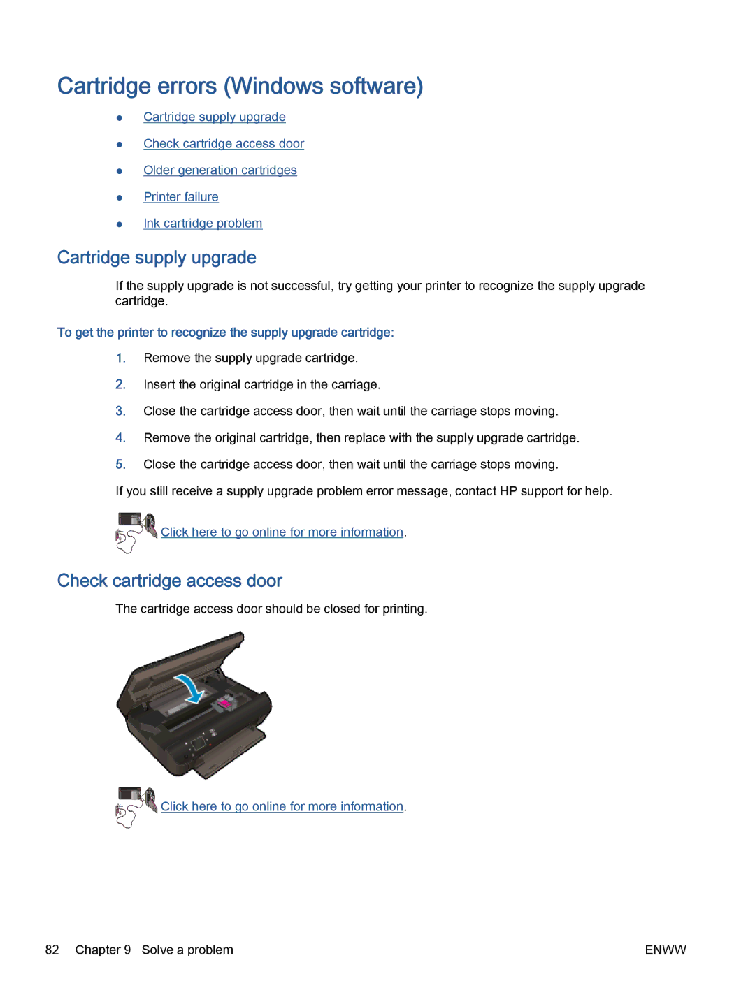 HP 5535, 5531, 5532 manual Cartridge errors Windows software, Cartridge supply upgrade, Check cartridge access door 