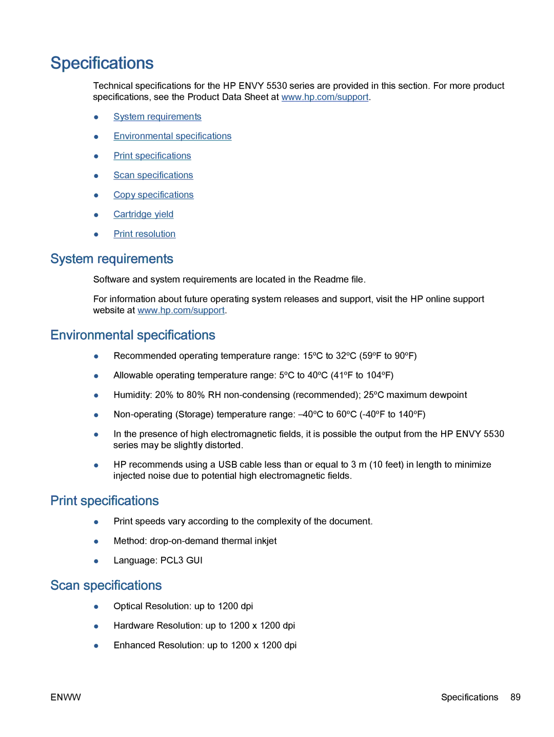 HP 5531, 5532 Specifications, System requirements, Environmental specifications, Print specifications, Scan specifications 