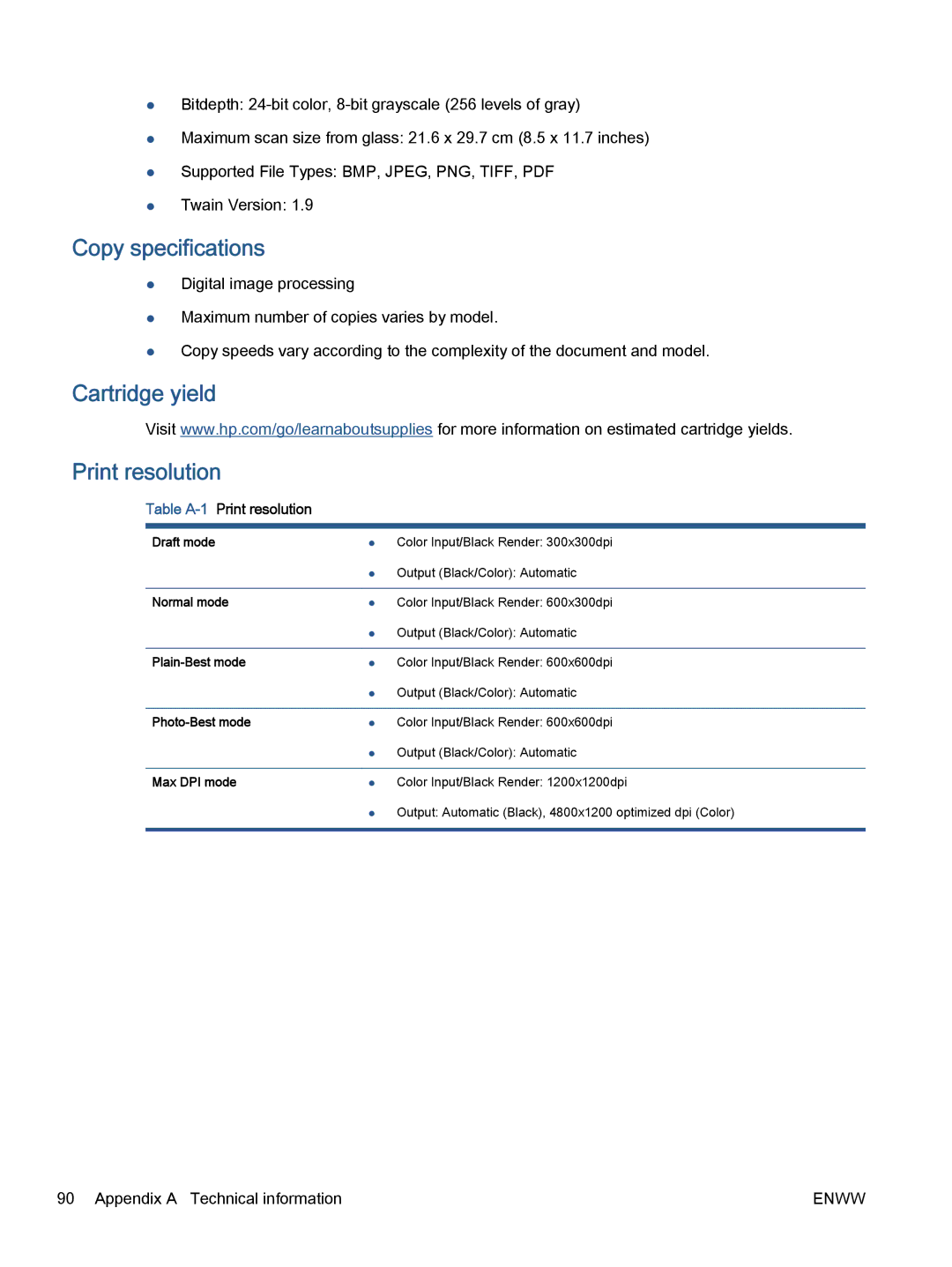 HP 5532, 5531, 5535 manual Copy specifications, Cartridge yield Print resolution 