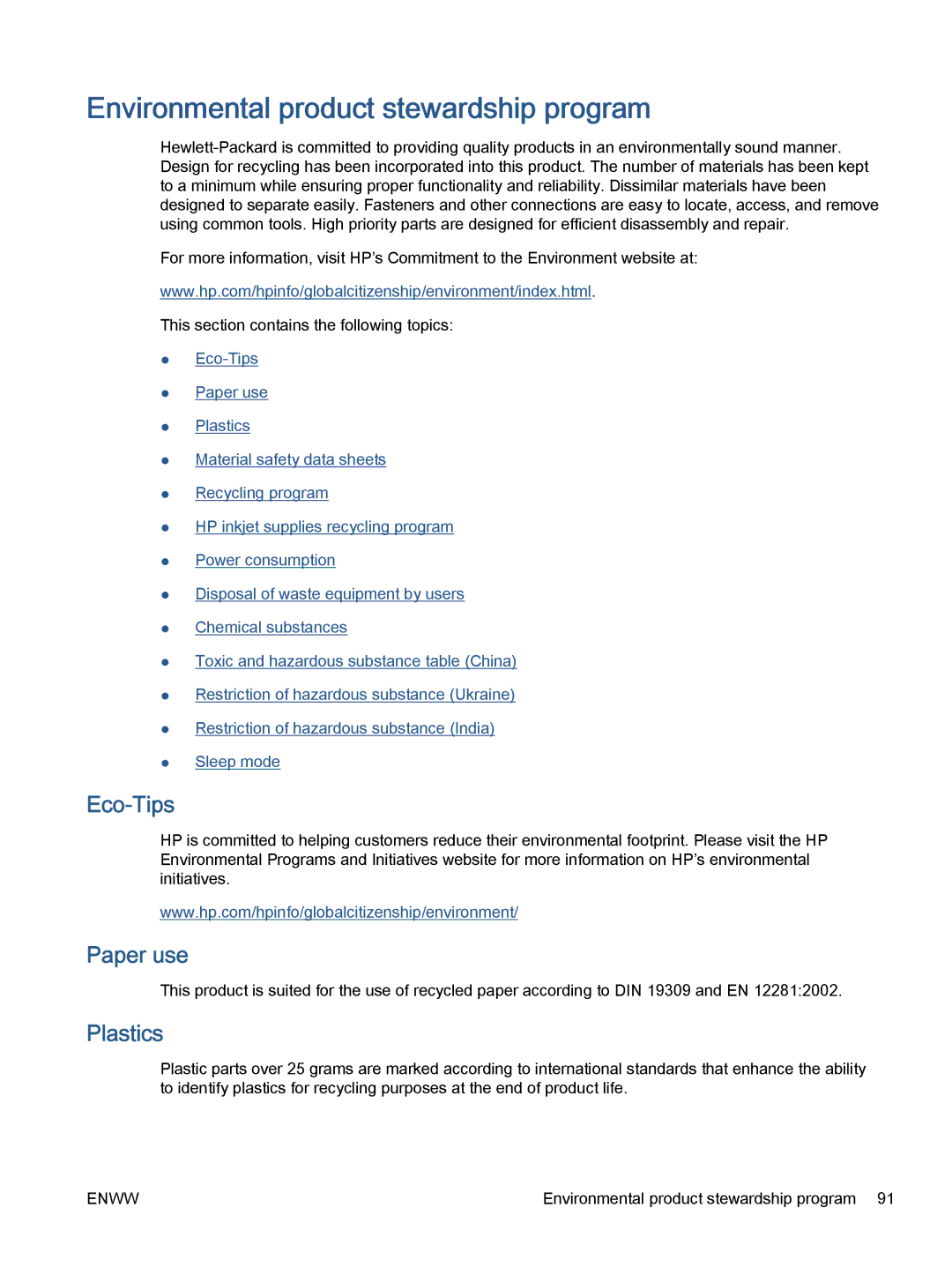 HP 5535, 5531, 5532 manual Environmental product stewardship program, Eco-Tips, Paper use, Plastics 