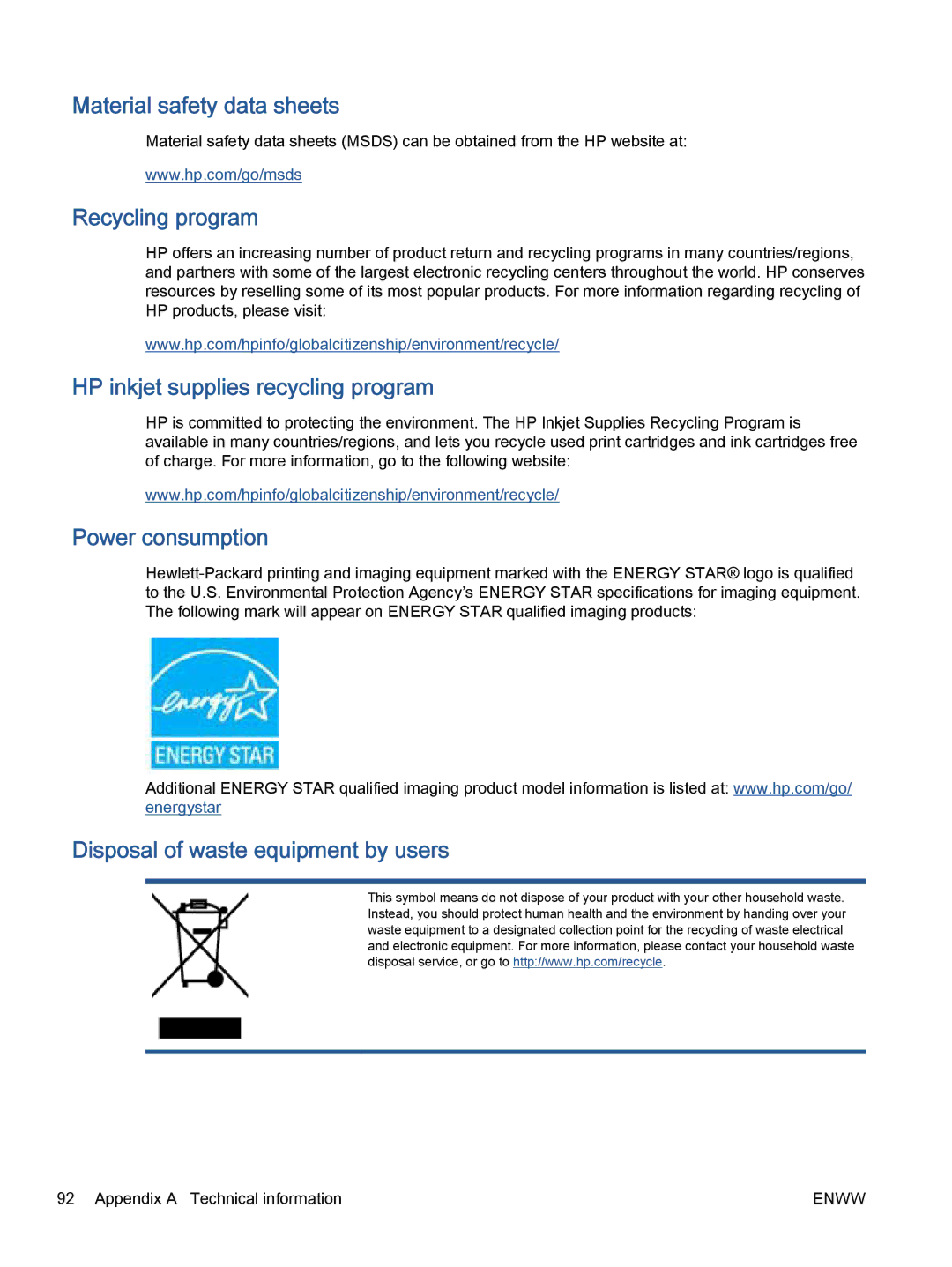 HP 5531, 5532, 5535 Material safety data sheets, Recycling program, HP inkjet supplies recycling program, Power consumption 