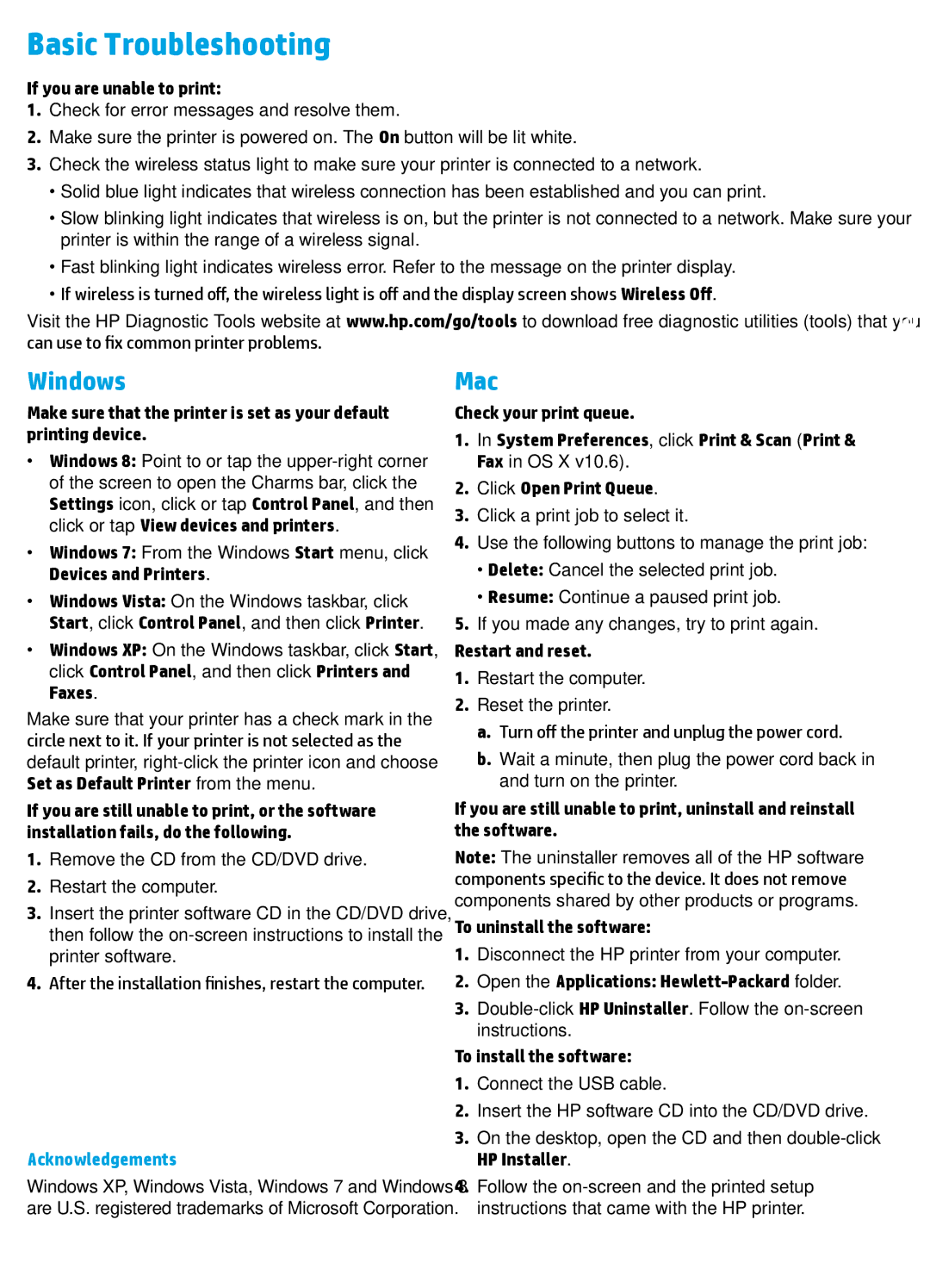 HP 5531, 5532, 5535 manual Basic Troubleshooting, Windows, Mac, Acknowledgements 