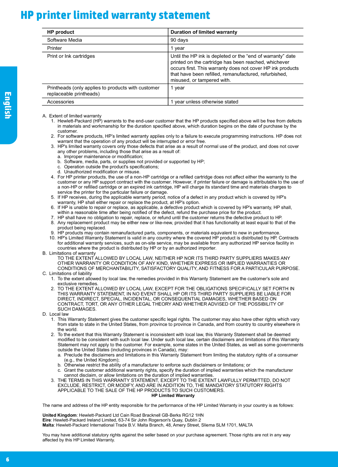 HP 5531, 5532, 5535 manual HP printer limited warranty statement, HP product Duration of limited warranty 